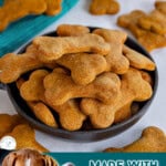 three image graphic showing homemade dog treats made with pumpkin and peanut butter. Text overlay at top and bottom of image.