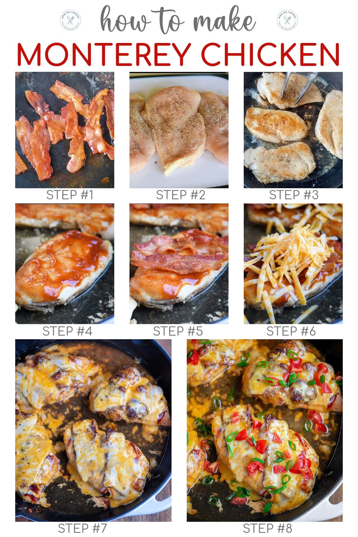 Eight image graphic showing how to make monterey chicken recipe step by step. Text overlay at top of image.
