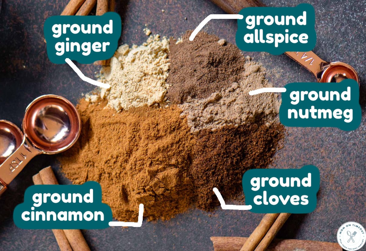Overhead shot of pumpkin pie spice ingredients measured out and ready to be combined to make the pumpkin pie spice recipe. Each spice is labeled.