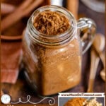 Two image graphic showing pumpkin pie spice recipe in jar and as ingredients ready to be mixed together. Text overlay at top and bottom of image.