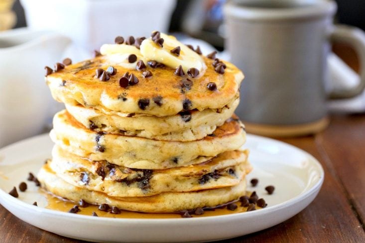 Chocolate Chip Pancakes stacked on plate wide