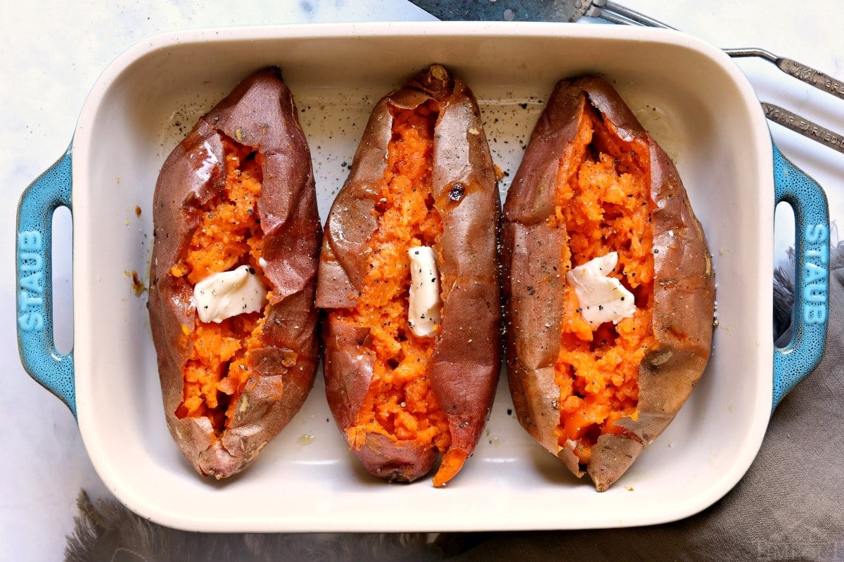 Baked sweet potato recipe in staub baking dish.