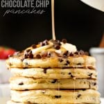 best chocolate chip pancake recipe with syrup being poured on top