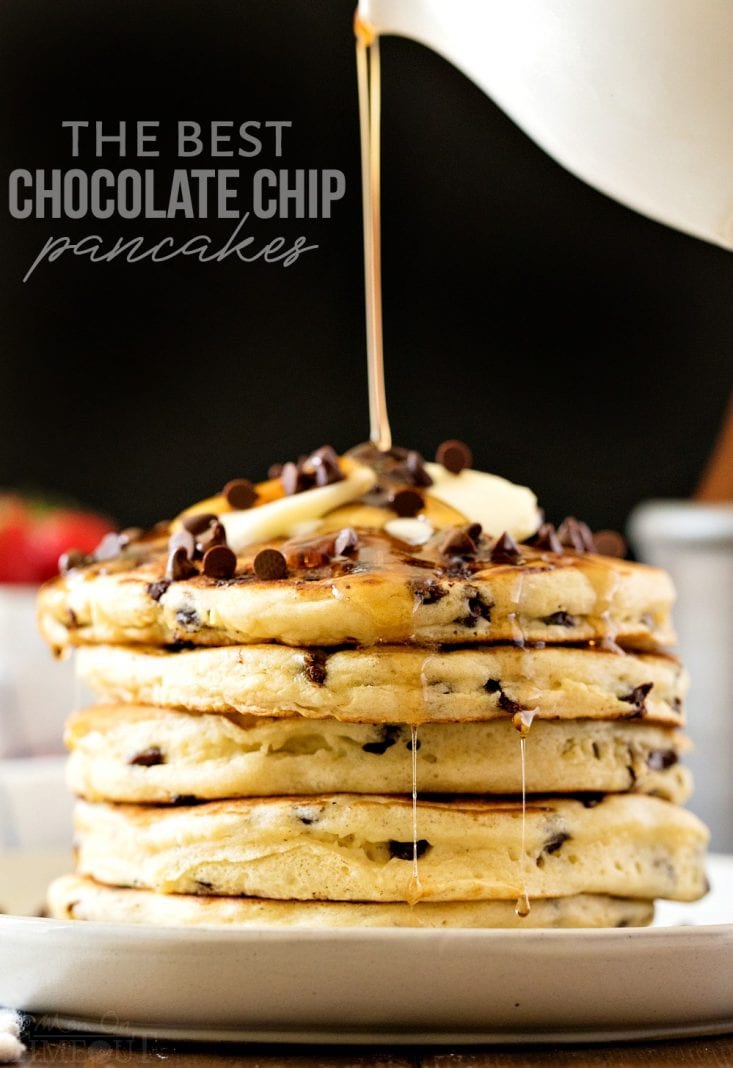 best chocolate chip pancake recipe with syrup being poured on top