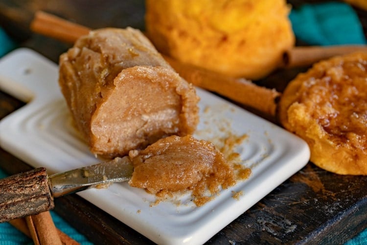 brown sugar cinnamon butter on butter dish with knife