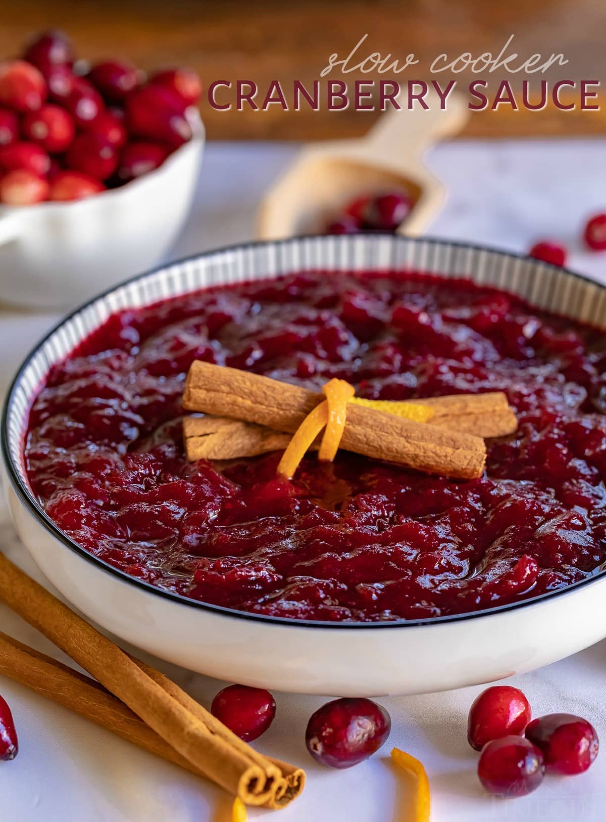 cranberry sauce in bowl with title for blog