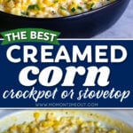 two image collage showing creamed corn being served in a shallow black bowl and also in the crockpot where it was cooked. center color block with text overlay.