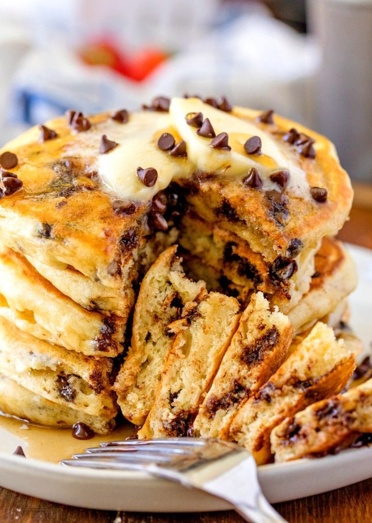 easy Chocolate Chip Pancakes on plate with bite taken