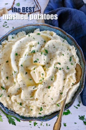 mashed potatoes recipe in bowl with title 750