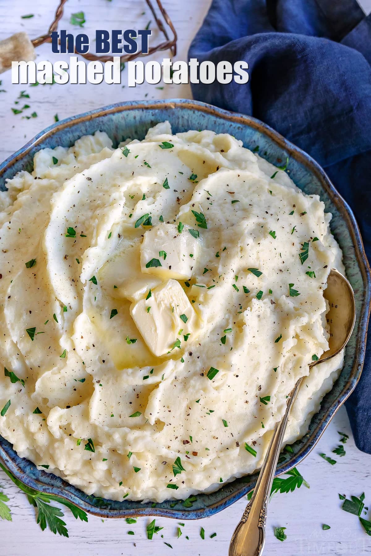 mashed potatoes recipe in bowl with spoon and title overlay at top
