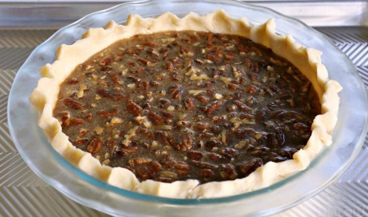 pecan pie on baking sheet 750