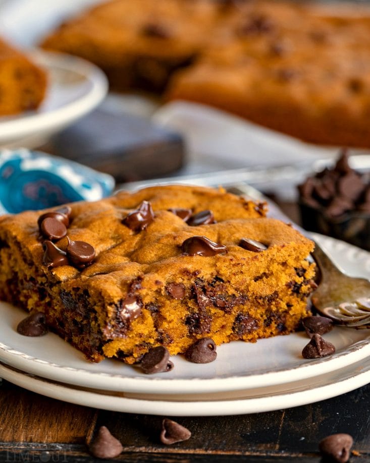 pumkin sheet cake piece on plate