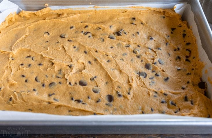 pumpkin cake in prepared baking pan