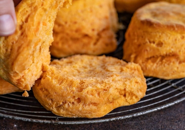 sweet potato biscuits split on cooling rack