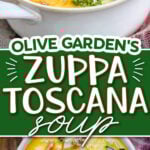 two image collage showing small white bowl filled with zuppa toscana soup. top image is a side angle and the bottom image is a top down shot. center color block with text overlay.