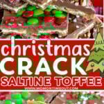 two image collages showing christmas crack recipe cut into pieces and ready to serve. center color block with text overlay.
