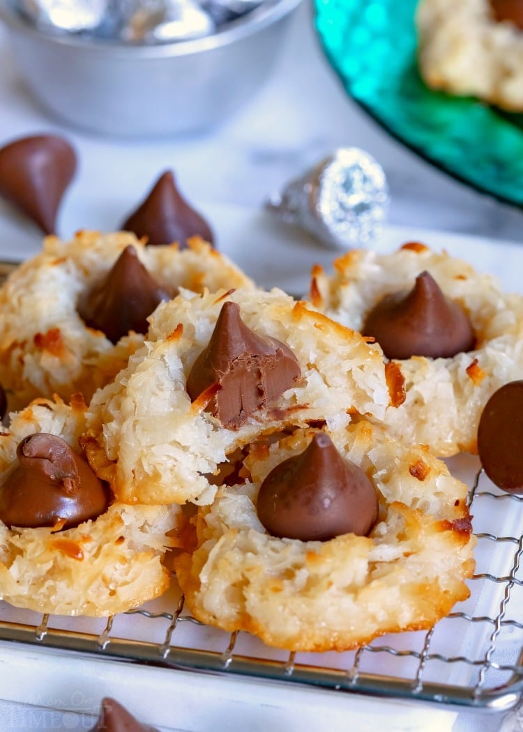 coconut macaroon blossoms on rack one with bite