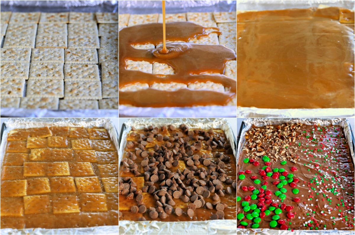 six image collage showing how to make christmas crack recipe.