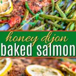 two image collage showing salmon on a sheet pan with green beans and potatoes and then the salmon cooked on the bottom image. center color block with text overlay.