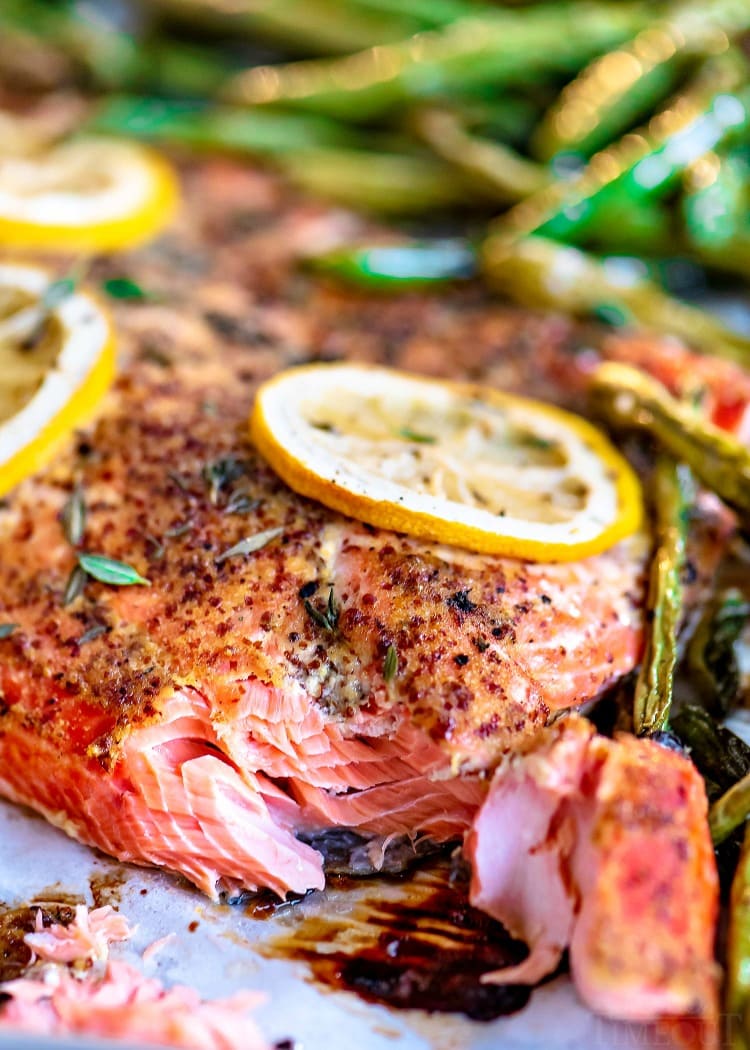 Easy Baked Salmon is healthy, delicious, and FAST! Fresh salmon is topped with a simple honey dijon glaze and baked to perfection. Prepped and cooked in under 30 minutes! // Mom On Timeout #bakedsalmon #salmon #salmonrecipe #easysalmonrecipe #easy #sheetpan #dinner #dinners #30minutemeals #veggies baked salmon recipe bite taken no text blog