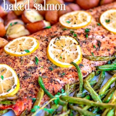 baked salmon recipe on sheet pan with title hi res