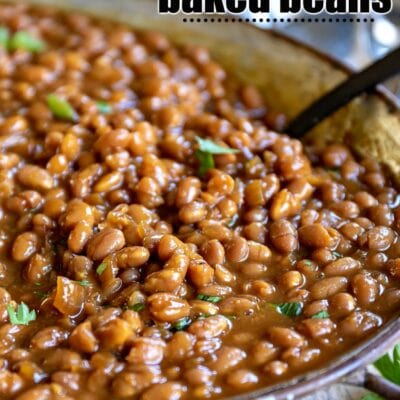 crockpot baked beans in metal serving dish title