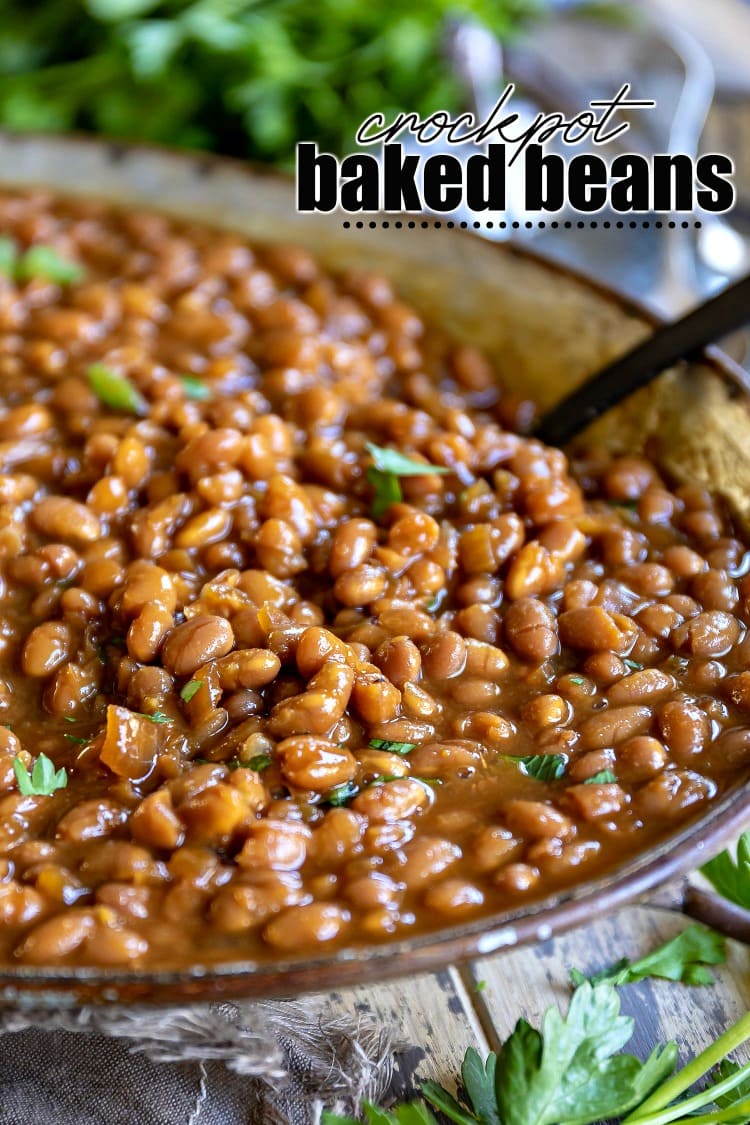 crockpot baked beans in metal serving dish title