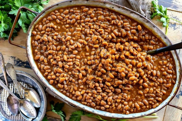 easy baked beans in a large serving dish