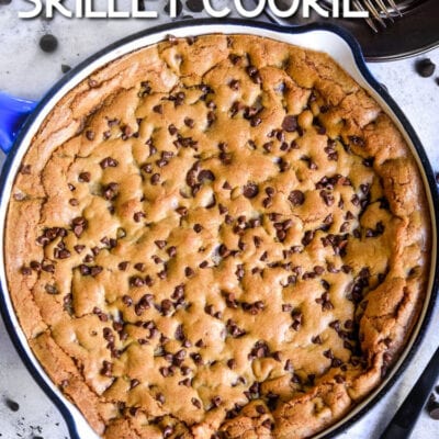 chocolate chip pizookie skillet cookie in cast iron skillet title