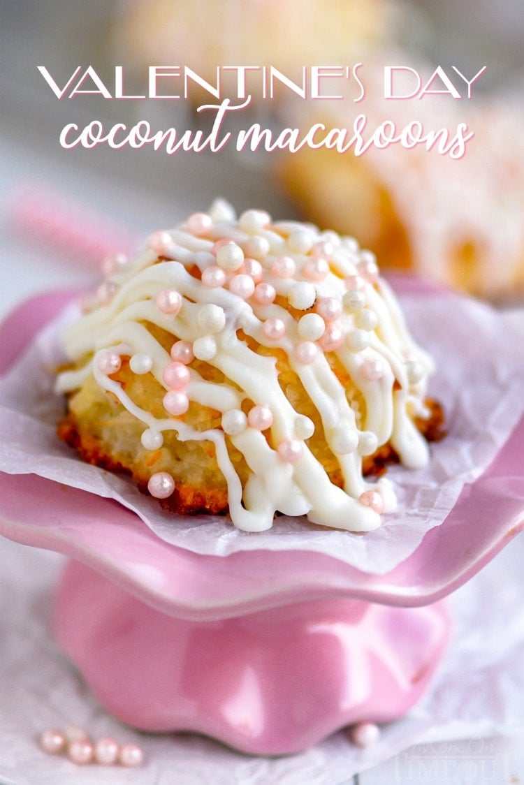 coconut macaroons for valentines day with white chocolate and pink pearls title