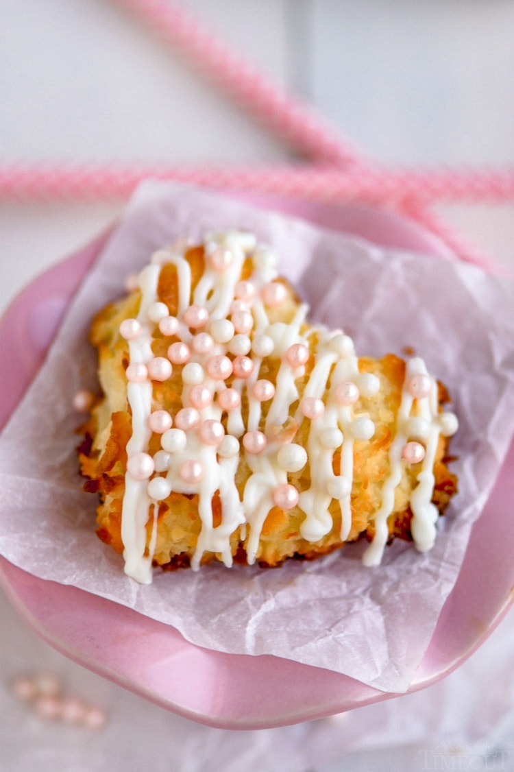 valentines day coconut macaroons recipe on pink pedestal