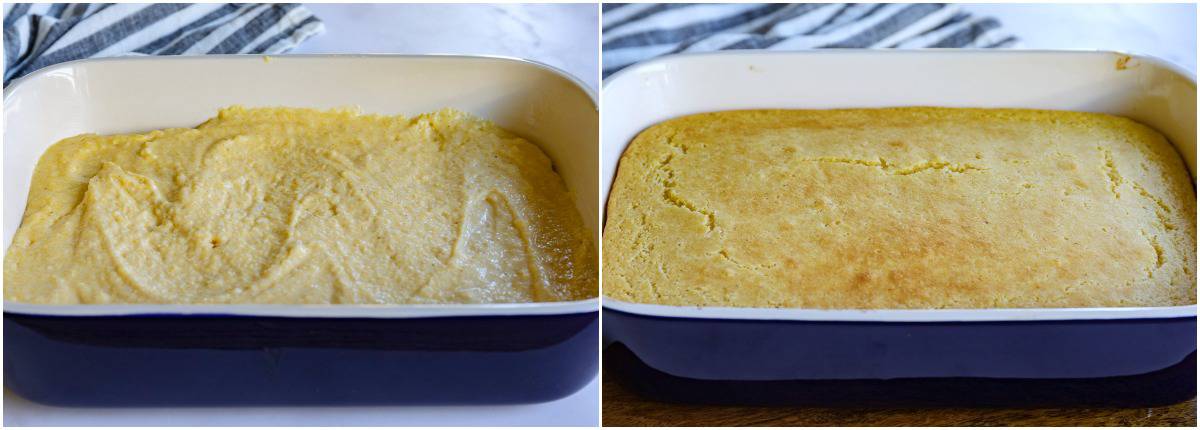 baking the cornbread in a baking dish