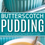 homemade butterscotch pudding in teal ramekins in a collage