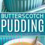 homemade butterscotch pudding in teal ramekins in a collage