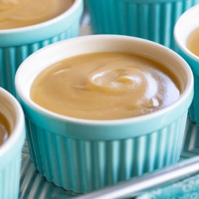 homemade butterscotch pudding recipe in teal ramekin square