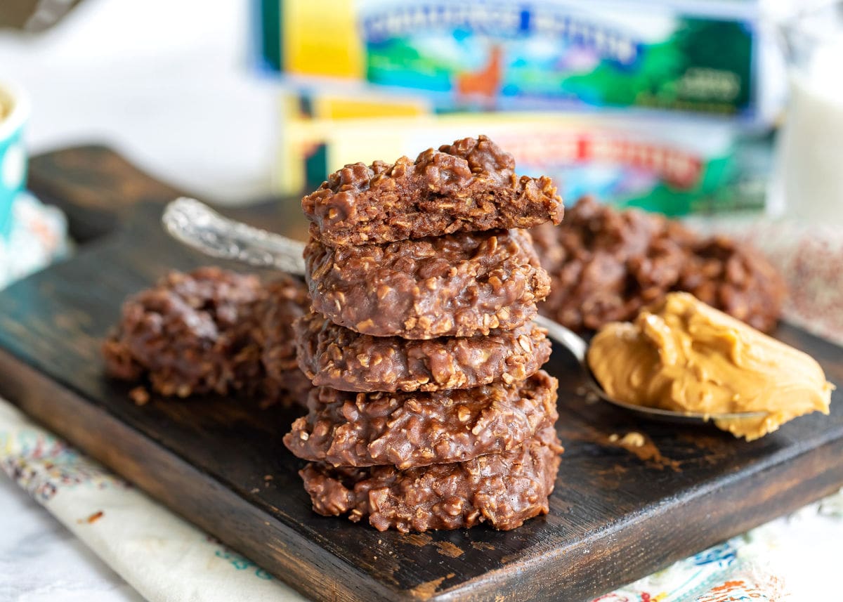 peanut butter no bake cookies with one cookie split in half