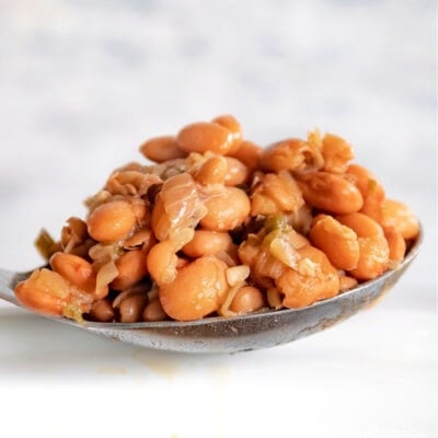 pinto beans recipe in a serving spoon with white crockpot