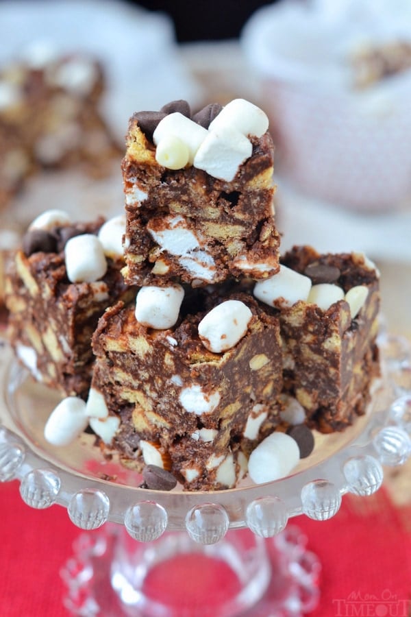 rocky road s'mores bars on clear glass dish no text