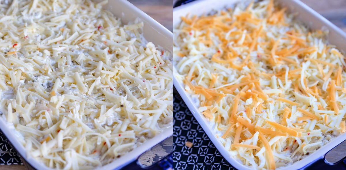 cheese layer on top of casserole shown in 2 image collage