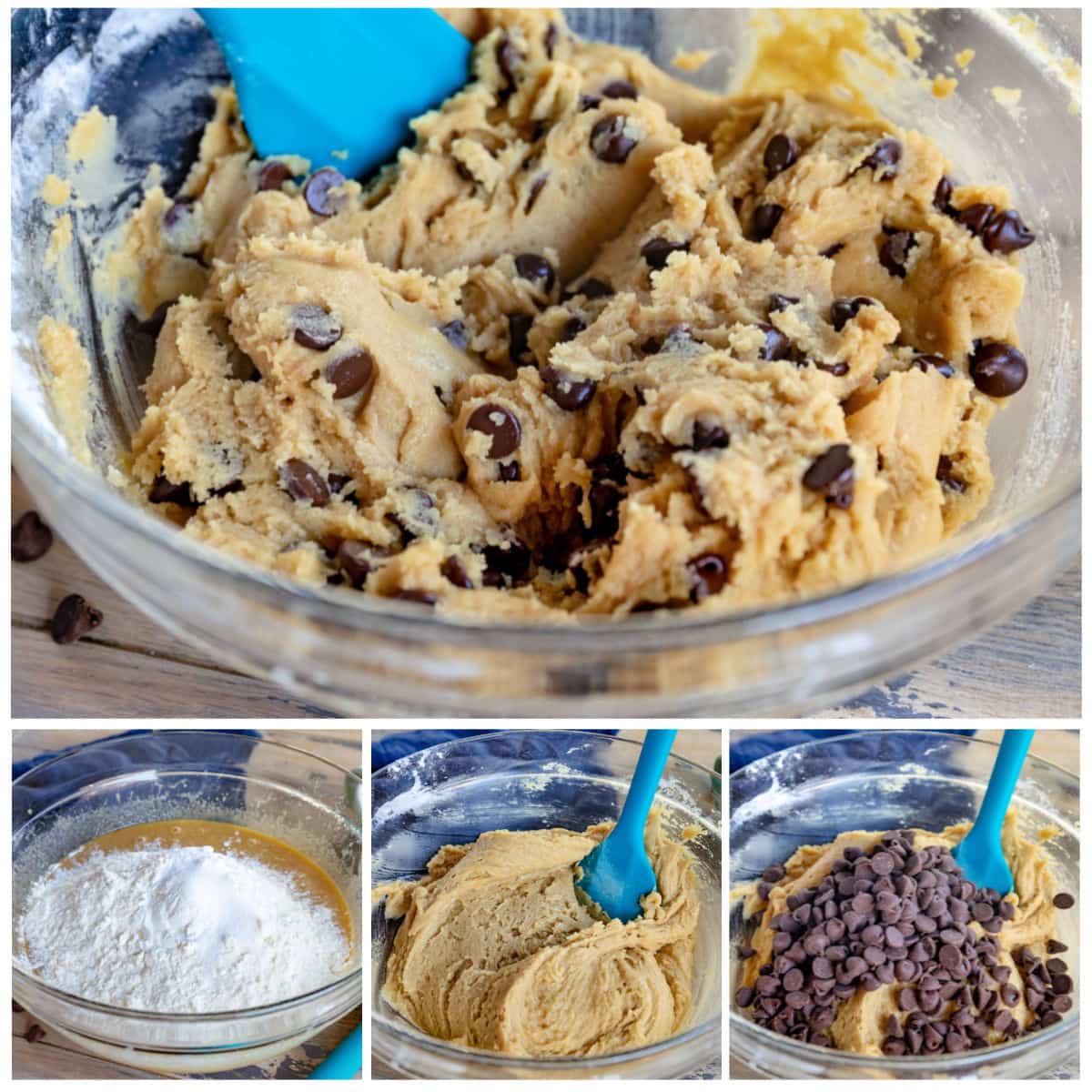 how to make chocolate chip cookies 4 image collage showing the cookie dough being made step by step