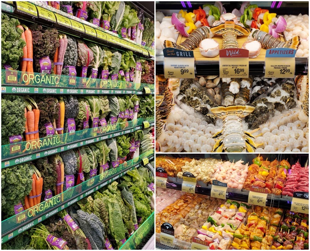 safeway store 3 photo collage of produce seafood case and meat counter square