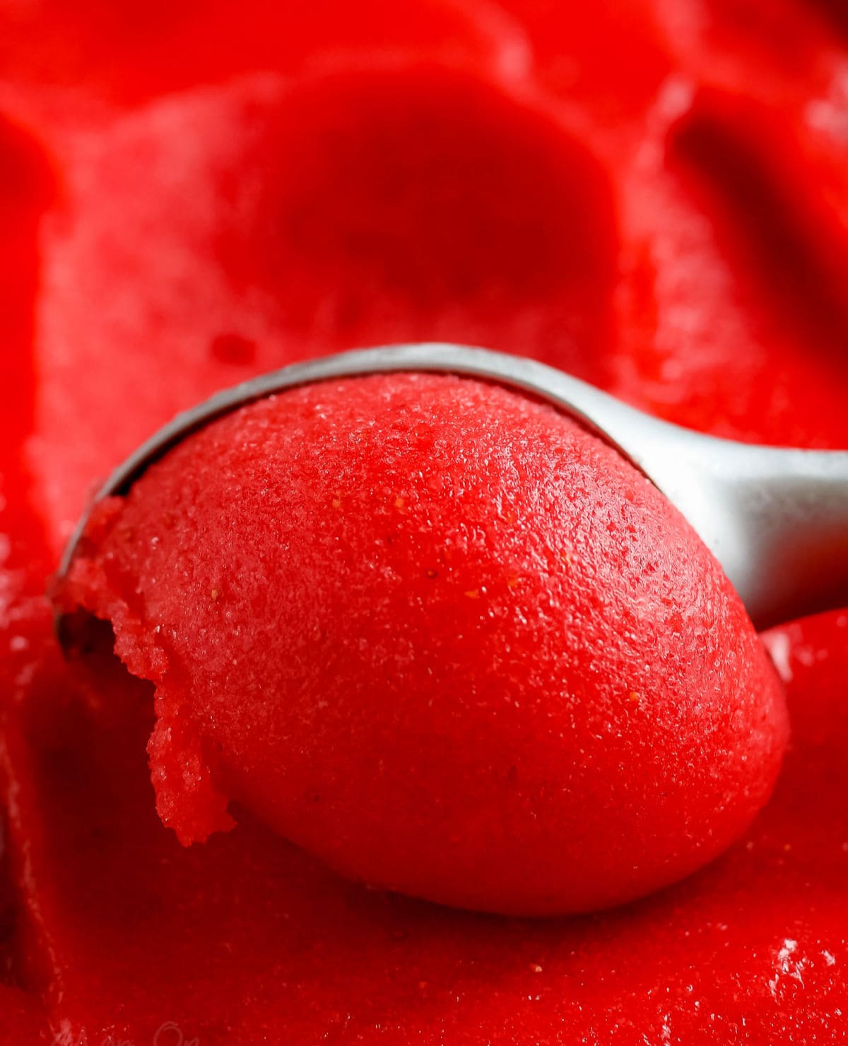 strawberry sorbet being scooped out of container with ice cream scoop