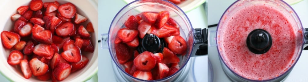 three image collage showing how to make strawberry sorbet in a food processor