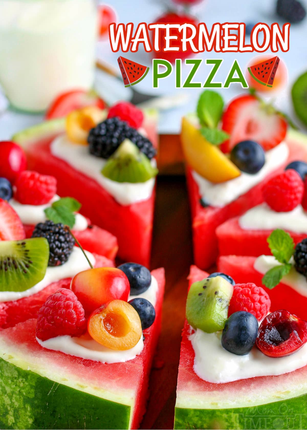 watermelon pizza topped with cream cheese frosting and fresh fruit with text overlay