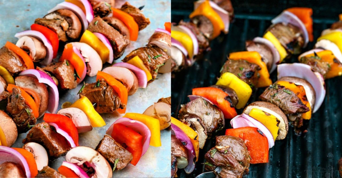 2 image collage of steak kabobs ready to be grilled and on the grill