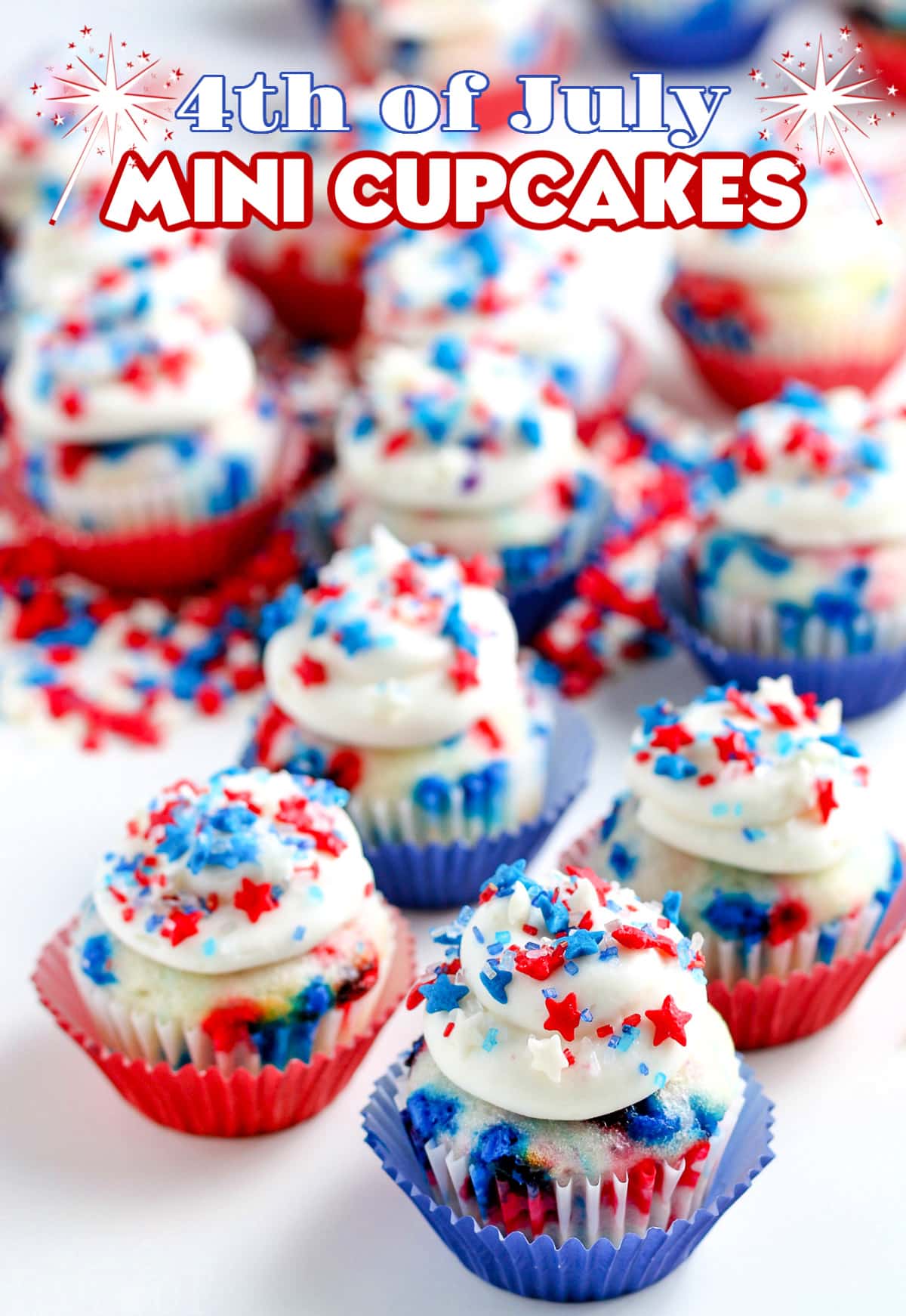 4th of July Mini Cupcakes with star sprinkles and text overlay