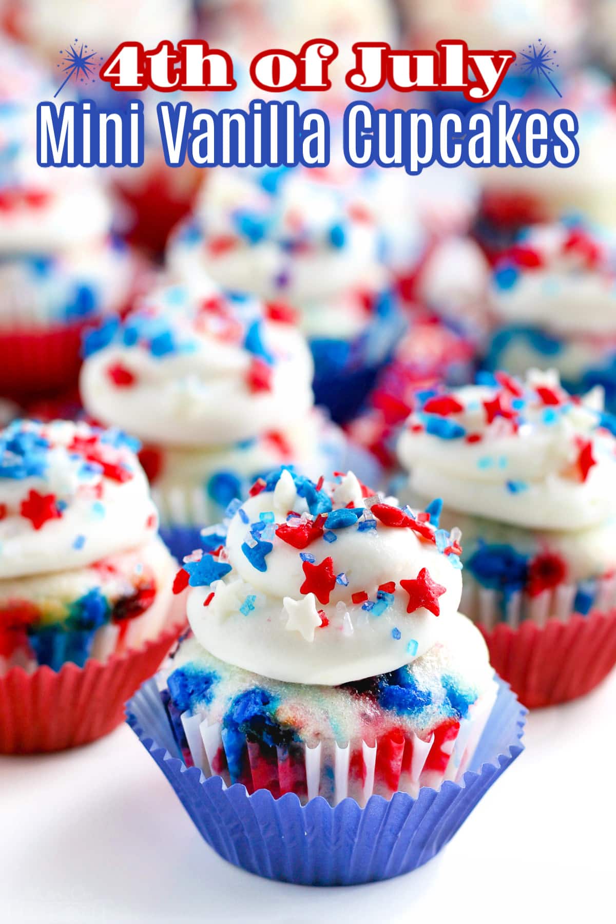 close up of 4th of July Mini vanilla Cupcakes with star sprinkles and text overlay