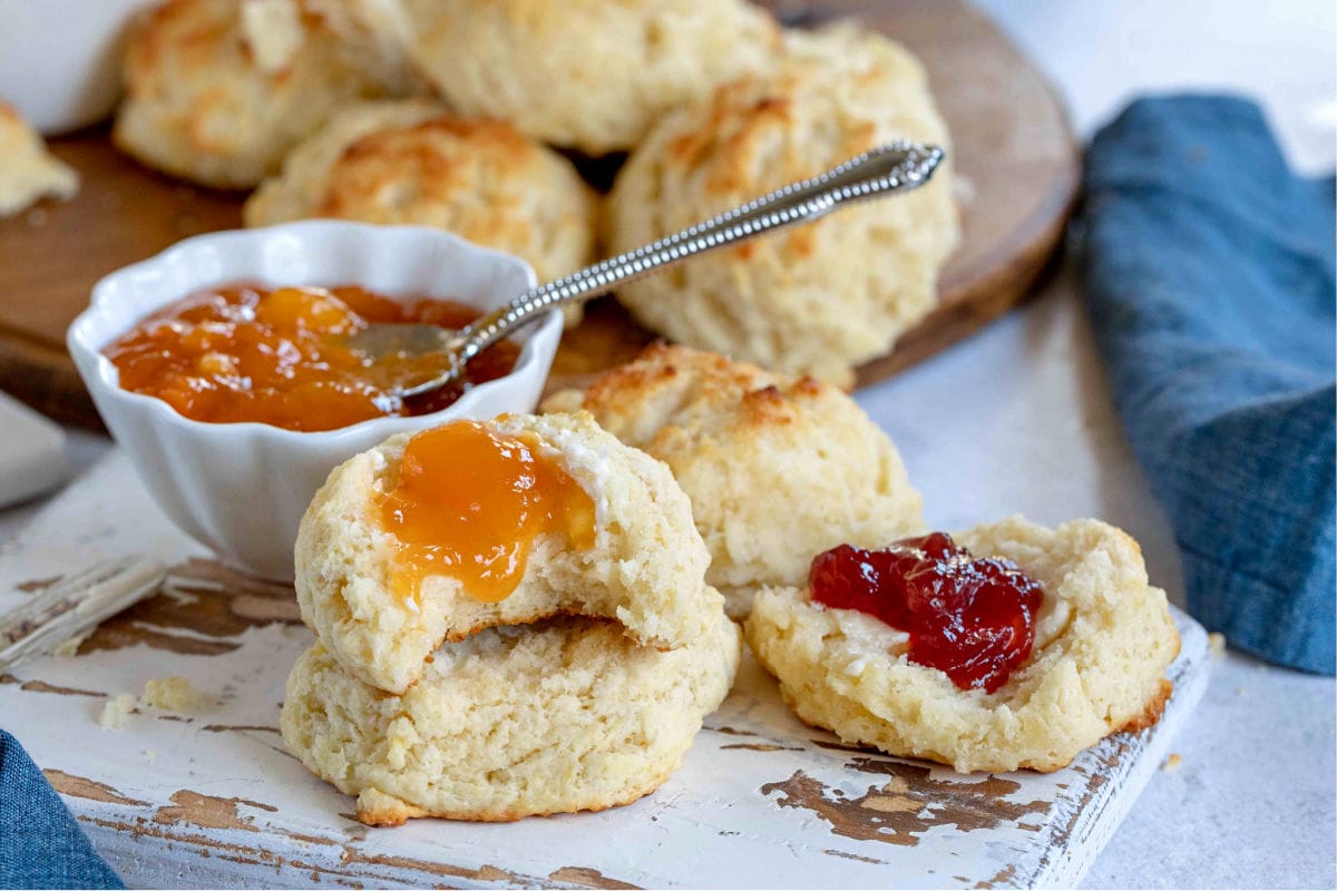 drop biscuits on white board with jelly on them