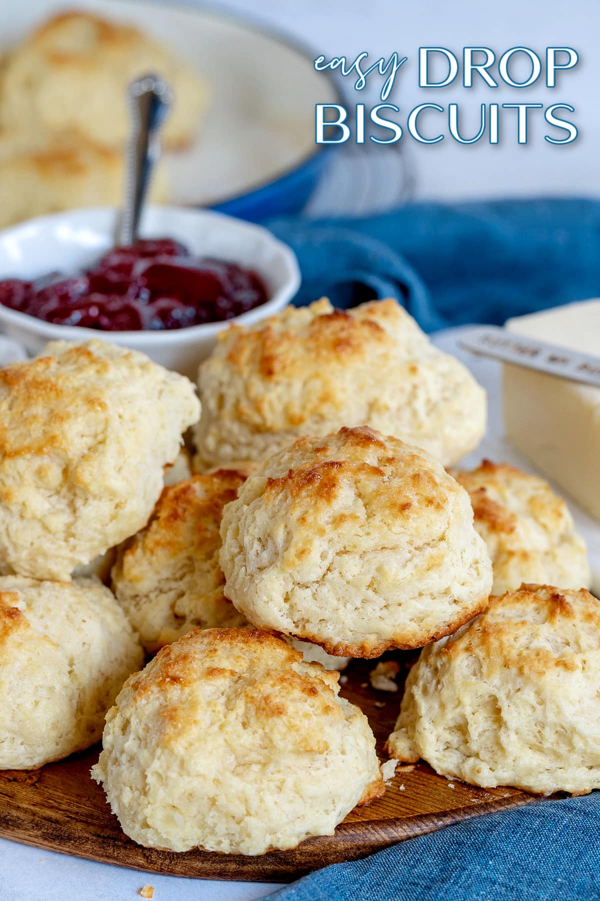 stack drop biscuits on wood board with title overlay