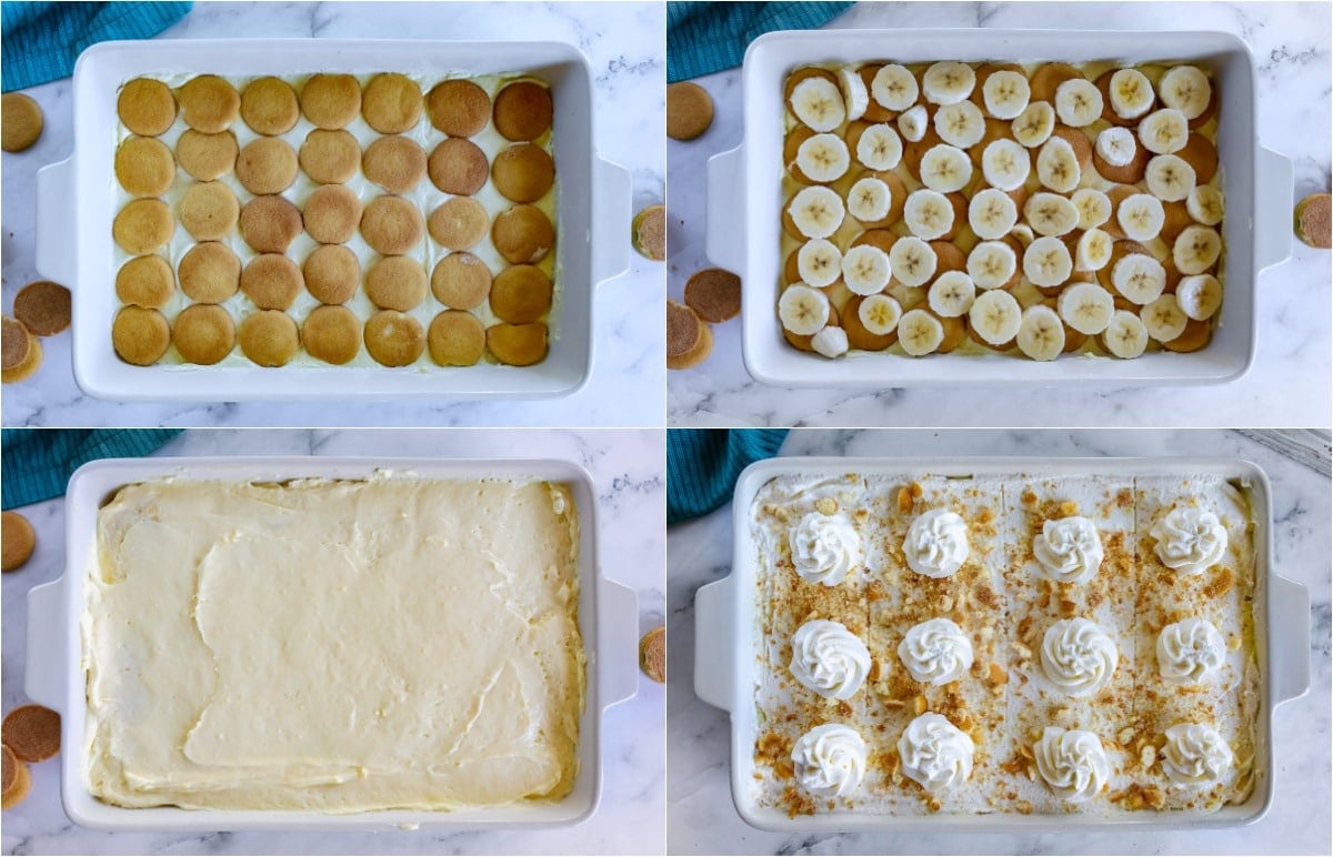 final steps of assembling the banana pudding presented in a four image collage